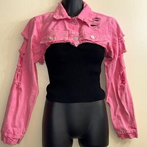 Thrill Denim Pink Distressed Cropped Bolero Jacket L